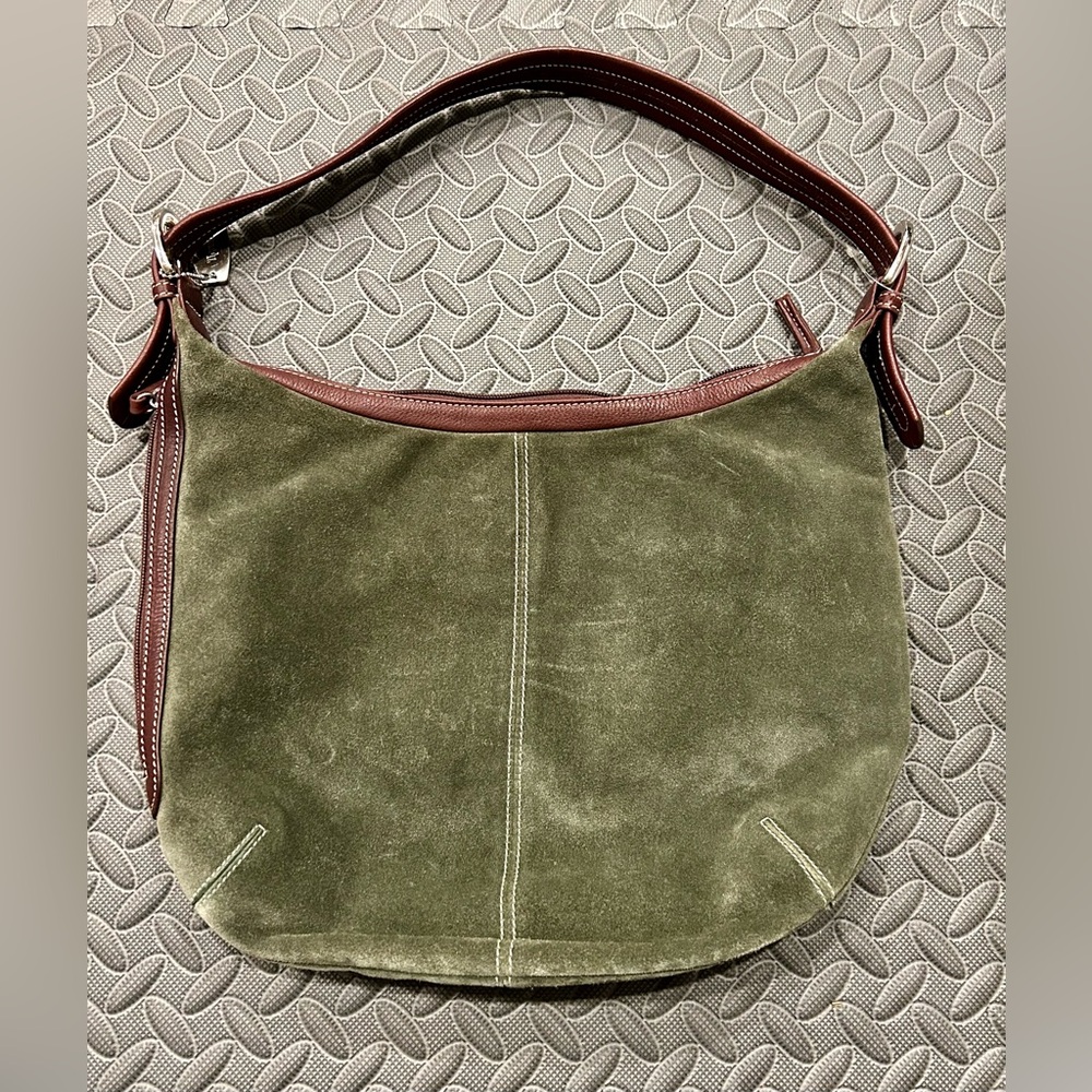 Tignanello Green Suede Handbag Brown Red Leather Shoulder Bag Expandable Zipper